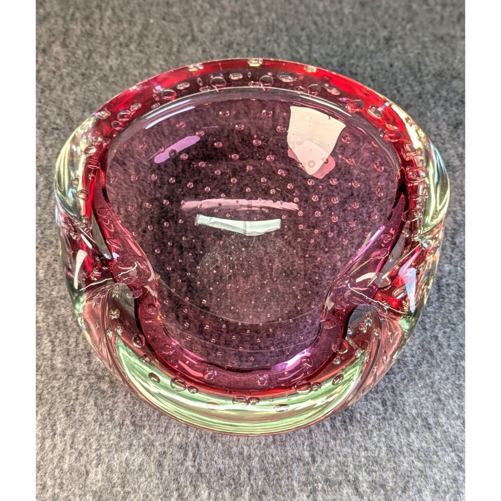 Vintage Murano Style Cranberry Pink Bullicante Art Glass Ashtray MCM